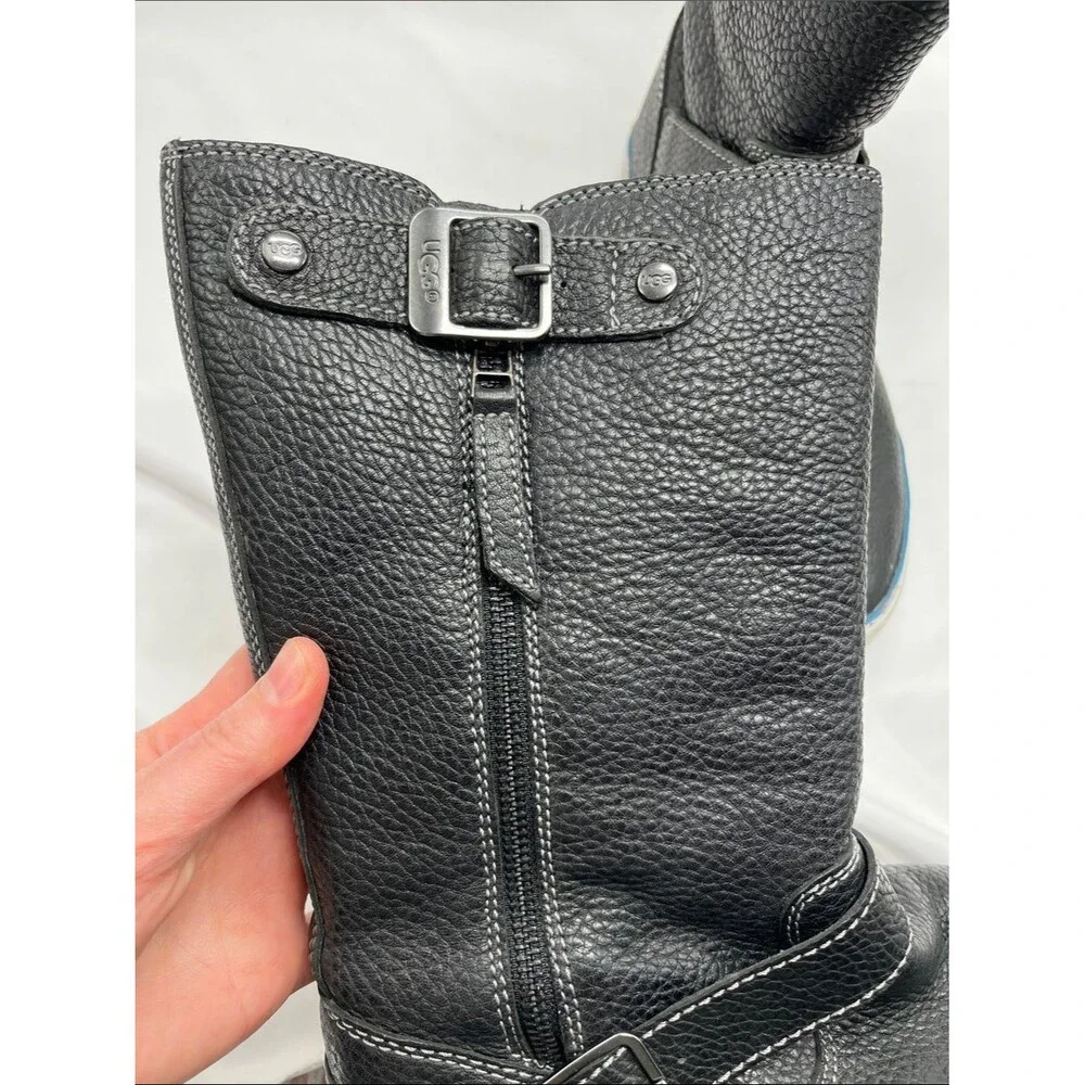 UGG Australia Wandra Black Leather Mid Calf Sherpa Lined Boots
